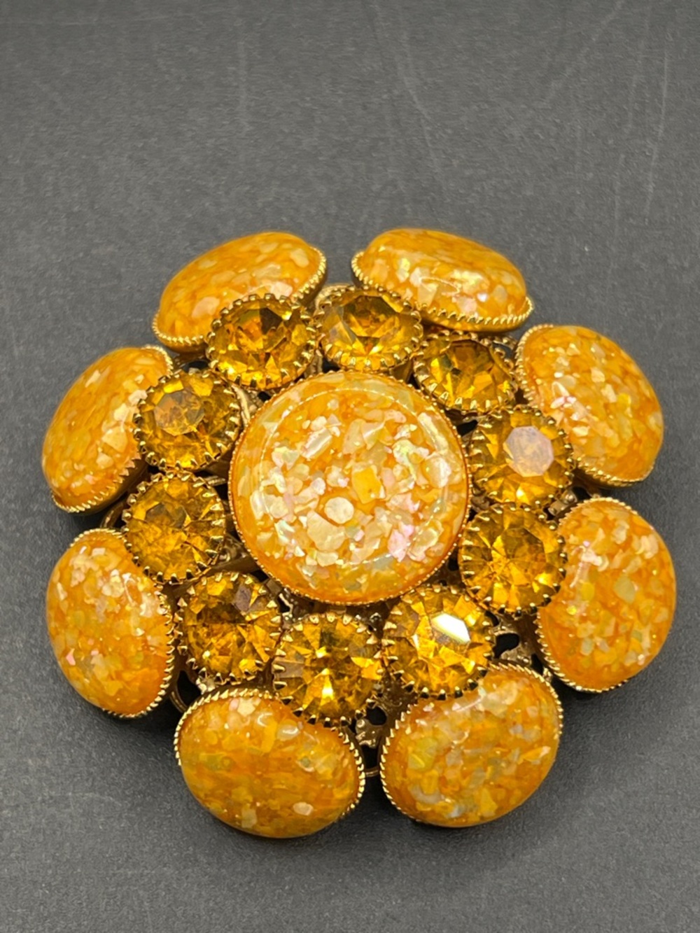 Vintage Gold Confetti Lucite and Rhinestone Brooch